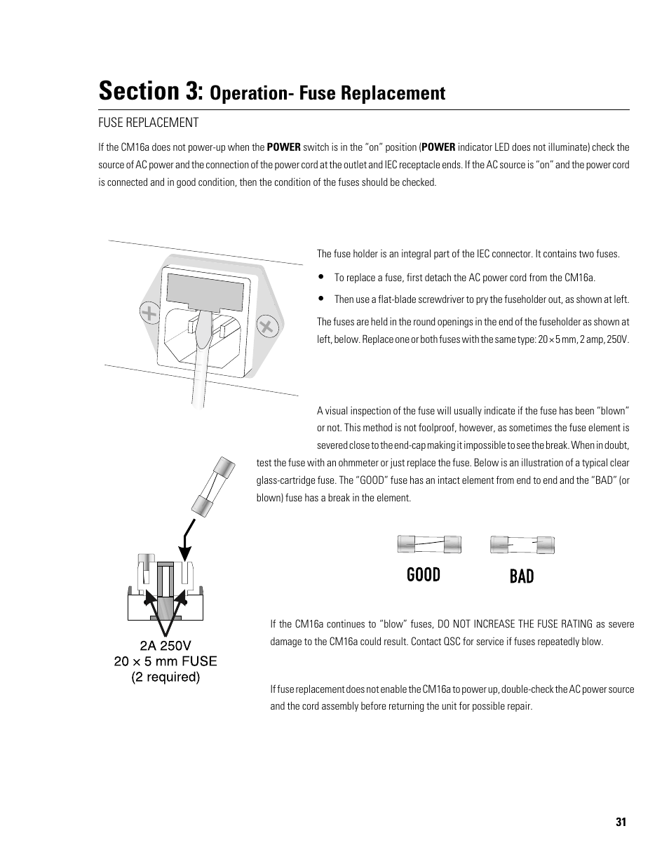 Operation- fuse replacement | QSC Audio Amplifier Network Monitor CM16a User Manual | Page 31 / 40