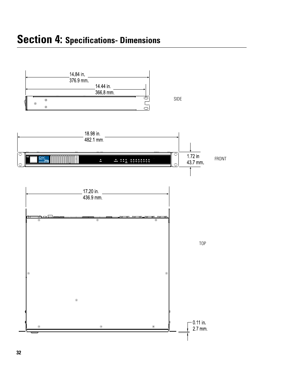 Specifications- dimensions | QSC Audio Amplifier Network Monitor CM16a User Manual | Page 32 / 40