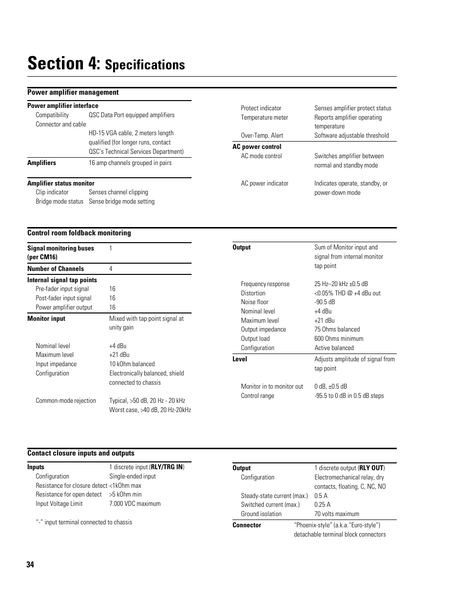 Specifications | QSC Audio Amplifier Network Monitor CM16a User Manual | Page 34 / 40