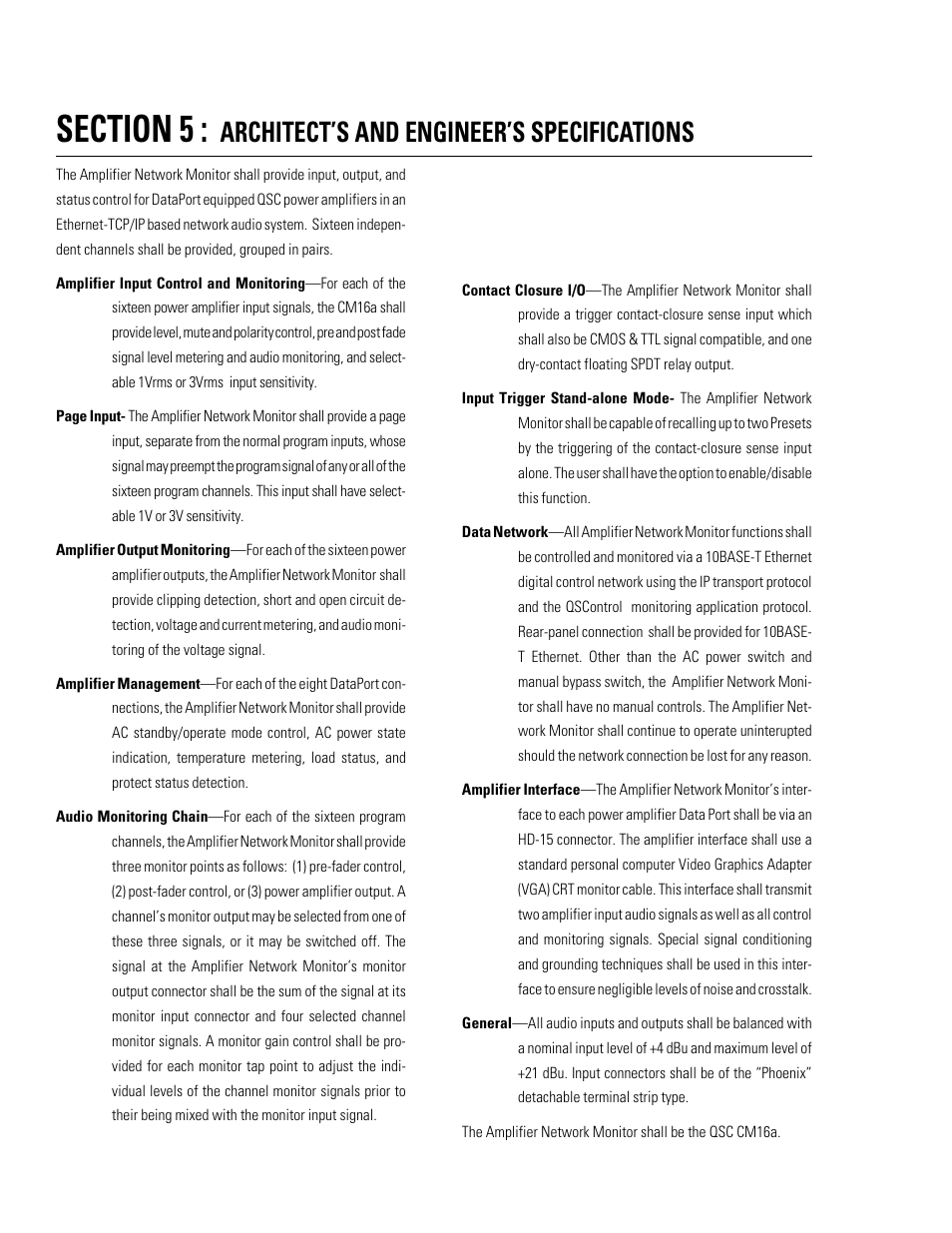 Architect’s and engineer’s specifications | QSC Audio Amplifier Network Monitor CM16a User Manual | Page 36 / 40