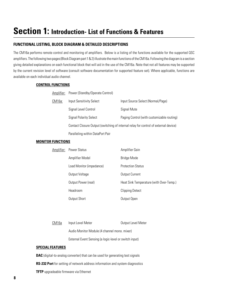 Introduction- list of functions & features | QSC Audio Amplifier Network Monitor CM16a User Manual | Page 8 / 40