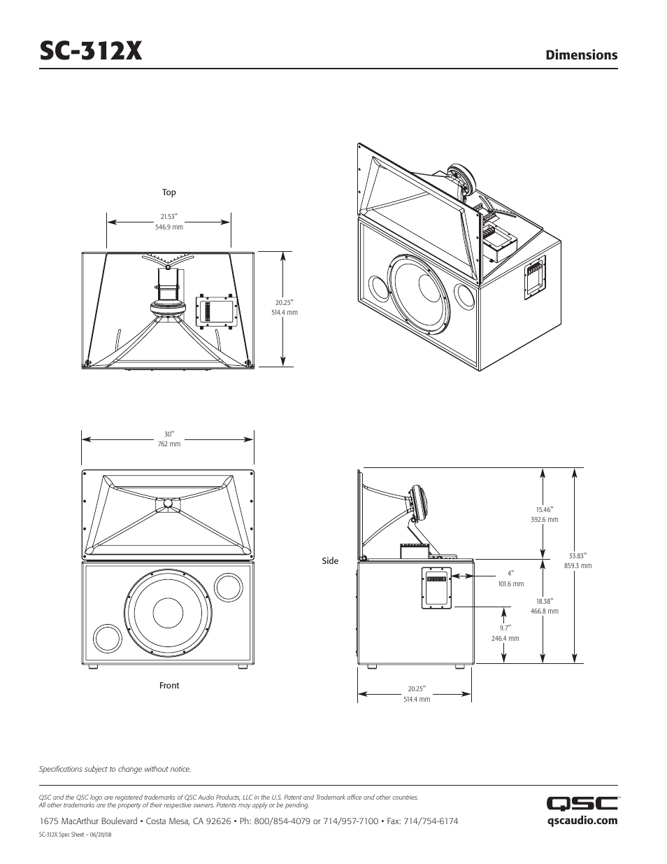 Sc-312x, Dimensions | QSC Audio HF-63X1 User Manual | Page 2 / 2