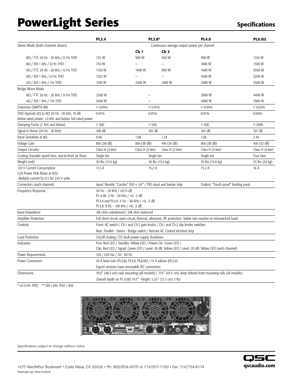 Powerlight series, Specifications | QSC Audio PowerLight PL6.0II User Manual | Page 2 / 2