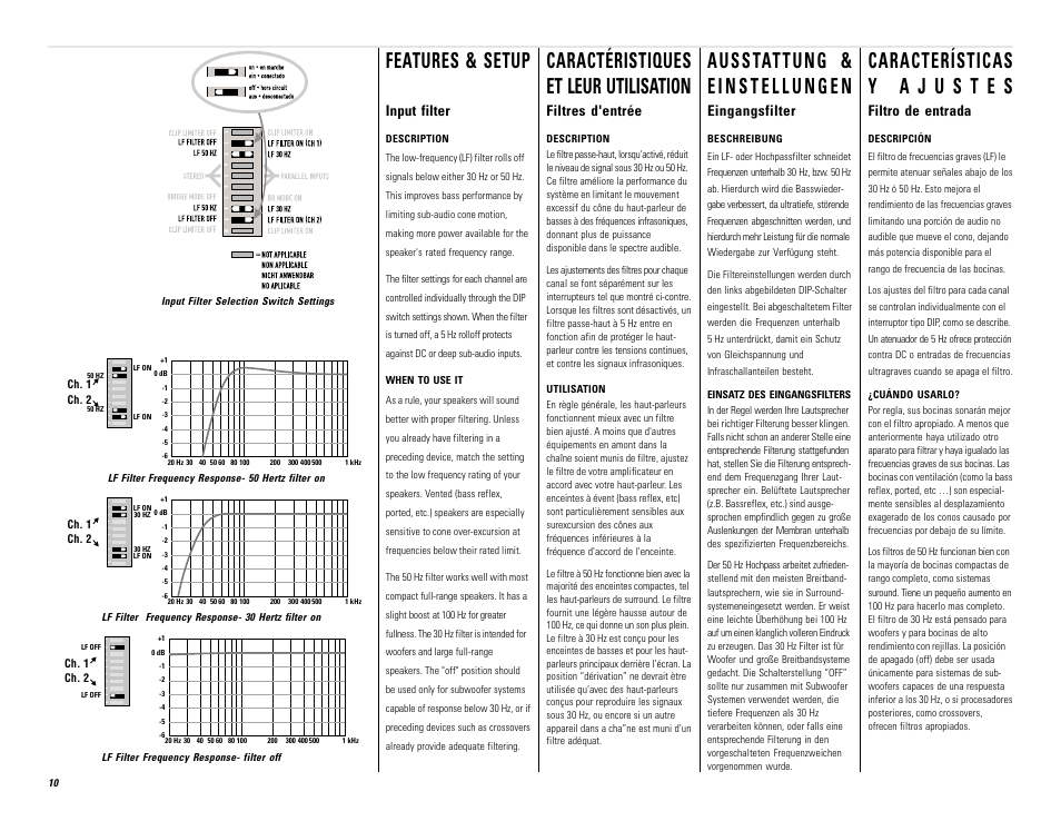 Features & setup, Caractéristiques et leur utilisation, Input filter | Filtro de entrada, Filtres d'entrée, Eingangsfilter | QSC Audio PL236 User Manual | Page 10 / 40