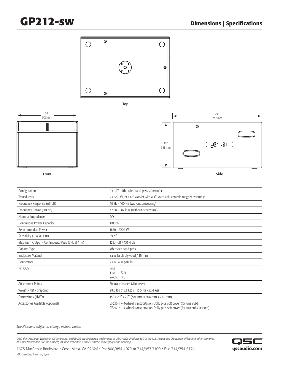 Gp212-sw, Dimensions | specifications | QSC Audio GP212-sw User Manual | Page 2 / 2