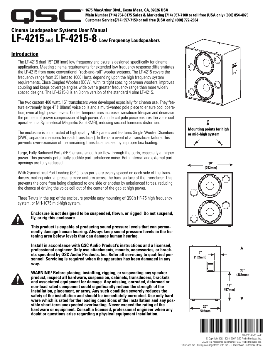 QSC Audio LF-4215-8 User Manual | 4 pages