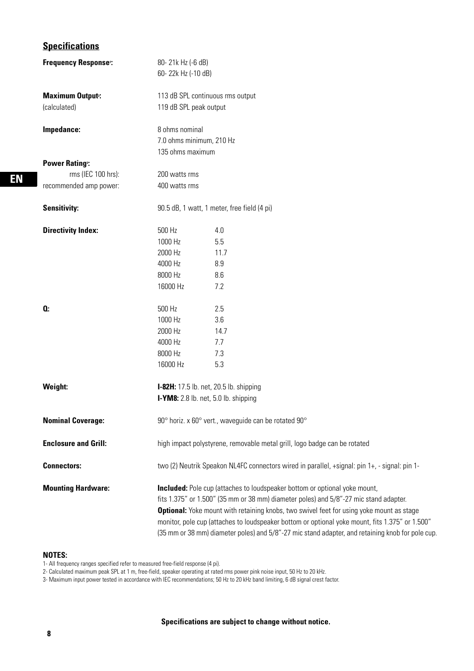 Specifications | QSC Audio I-YM8 User Manual | Page 8 / 11