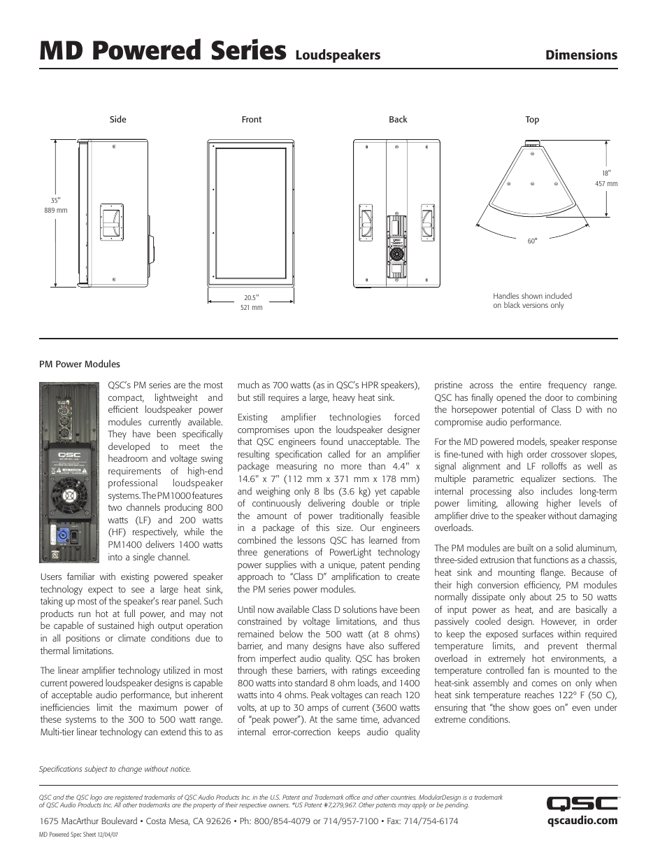 Md powered series, Loudspeakers dimensions | QSC Audio MD-FP122/66 User Manual | Page 4 / 4