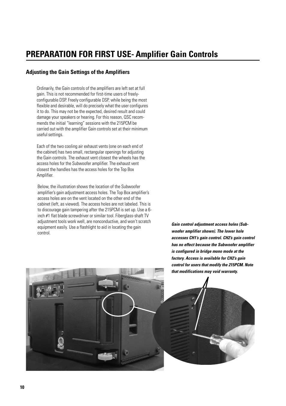 Preparation for first use, Amplifier gain controls | QSC Audio ISIS 215PCM User Manual | Page 10 / 41