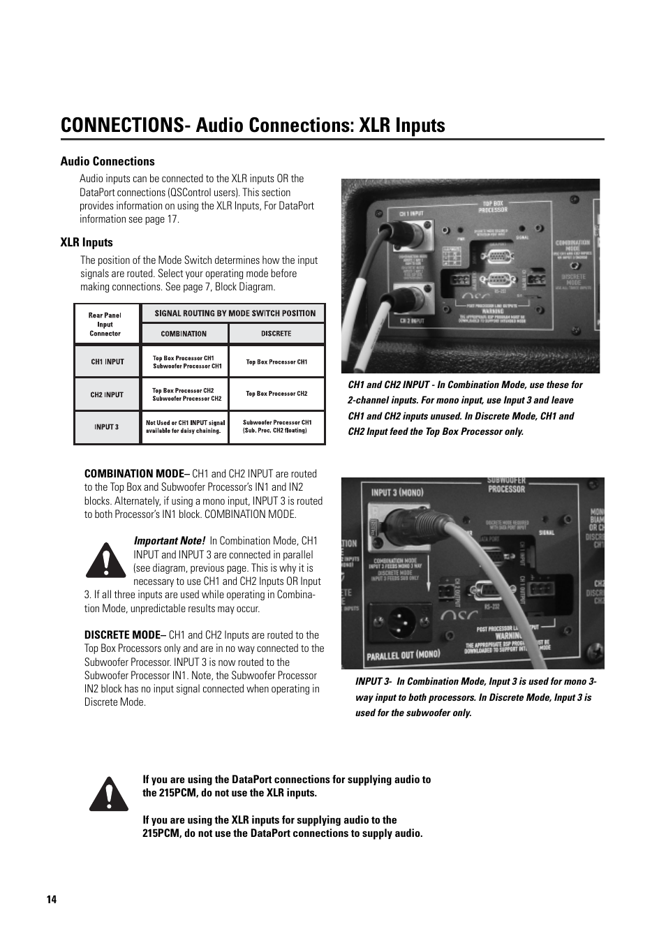 Connections- audio connections: xlr inputs | QSC Audio ISIS 215PCM User Manual | Page 14 / 41
