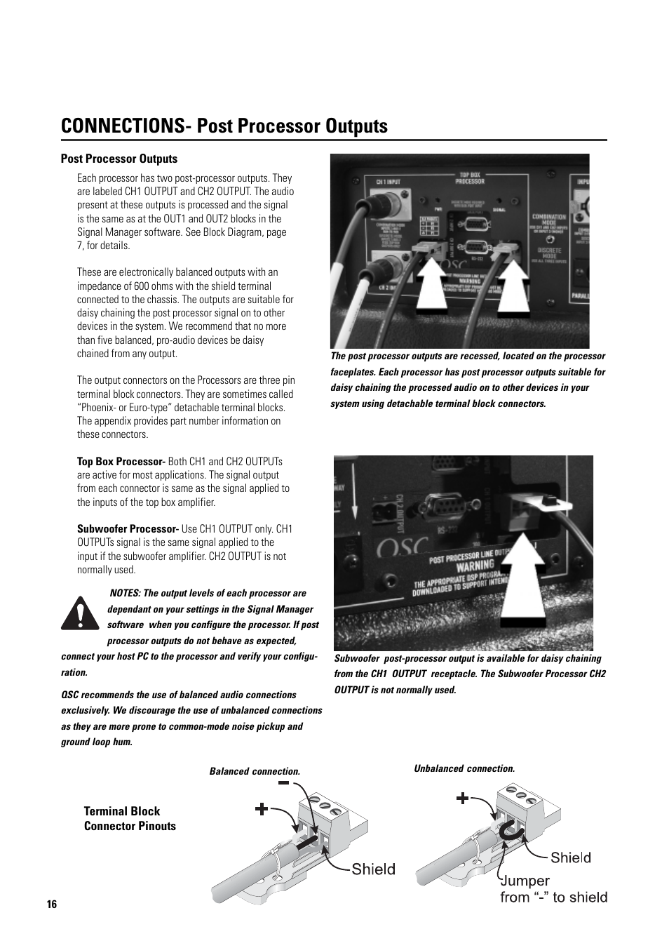 Connections- post processor outputs | QSC Audio ISIS 215PCM User Manual | Page 16 / 41