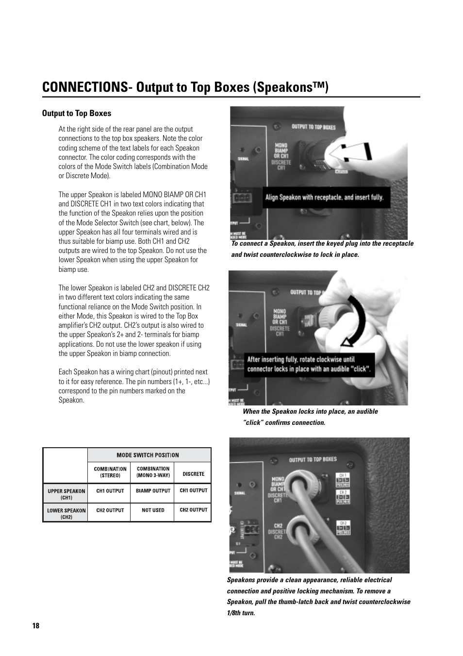 Connections- output to top boxes (speakons™) | QSC Audio ISIS 215PCM User Manual | Page 18 / 41