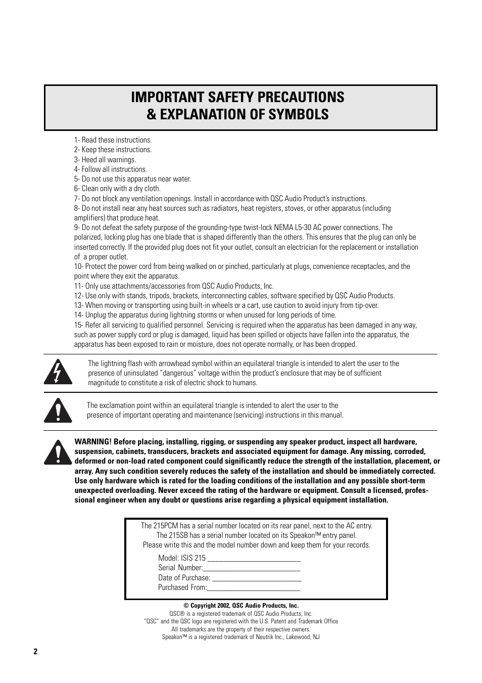 QSC Audio ISIS 215PCM User Manual | Page 2 / 41