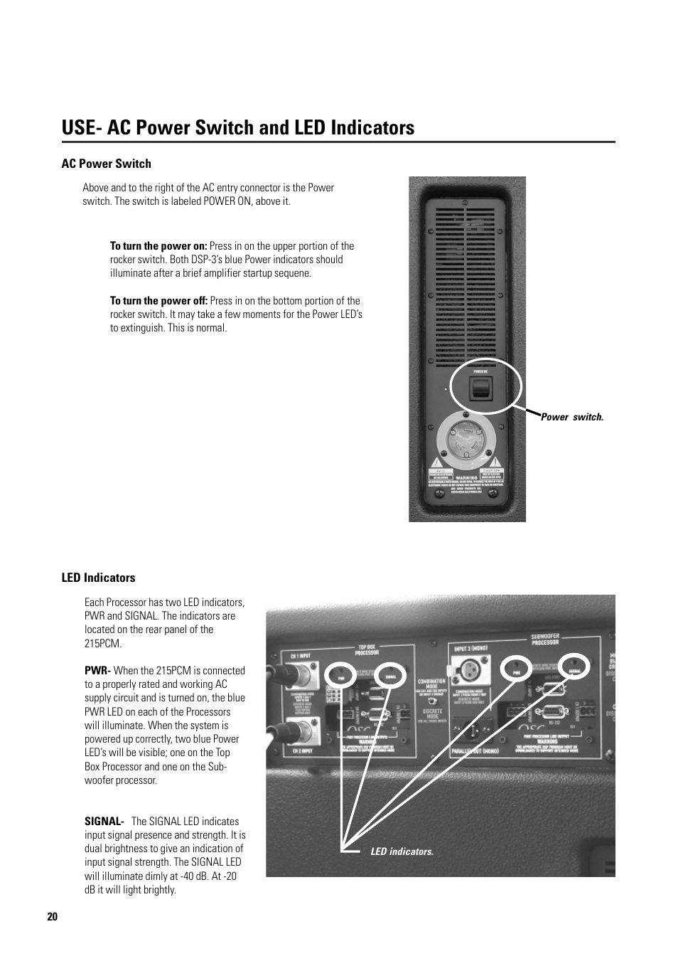 Use- ac power switch and led indicators | QSC Audio ISIS 215PCM User Manual | Page 20 / 41