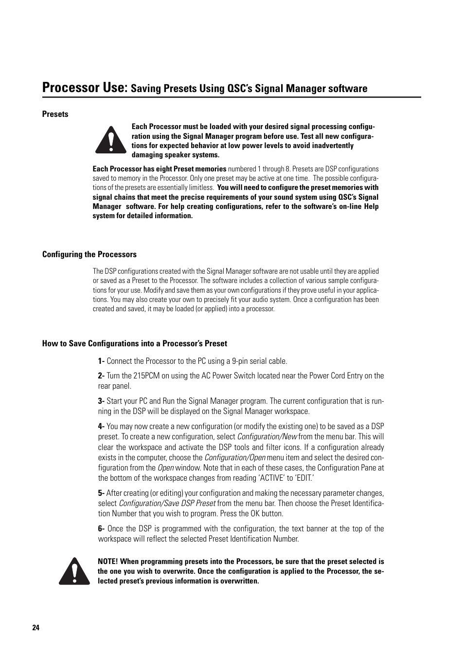 Processor use, Saving presets using qsc’s signal manager software | QSC Audio ISIS 215PCM User Manual | Page 24 / 41