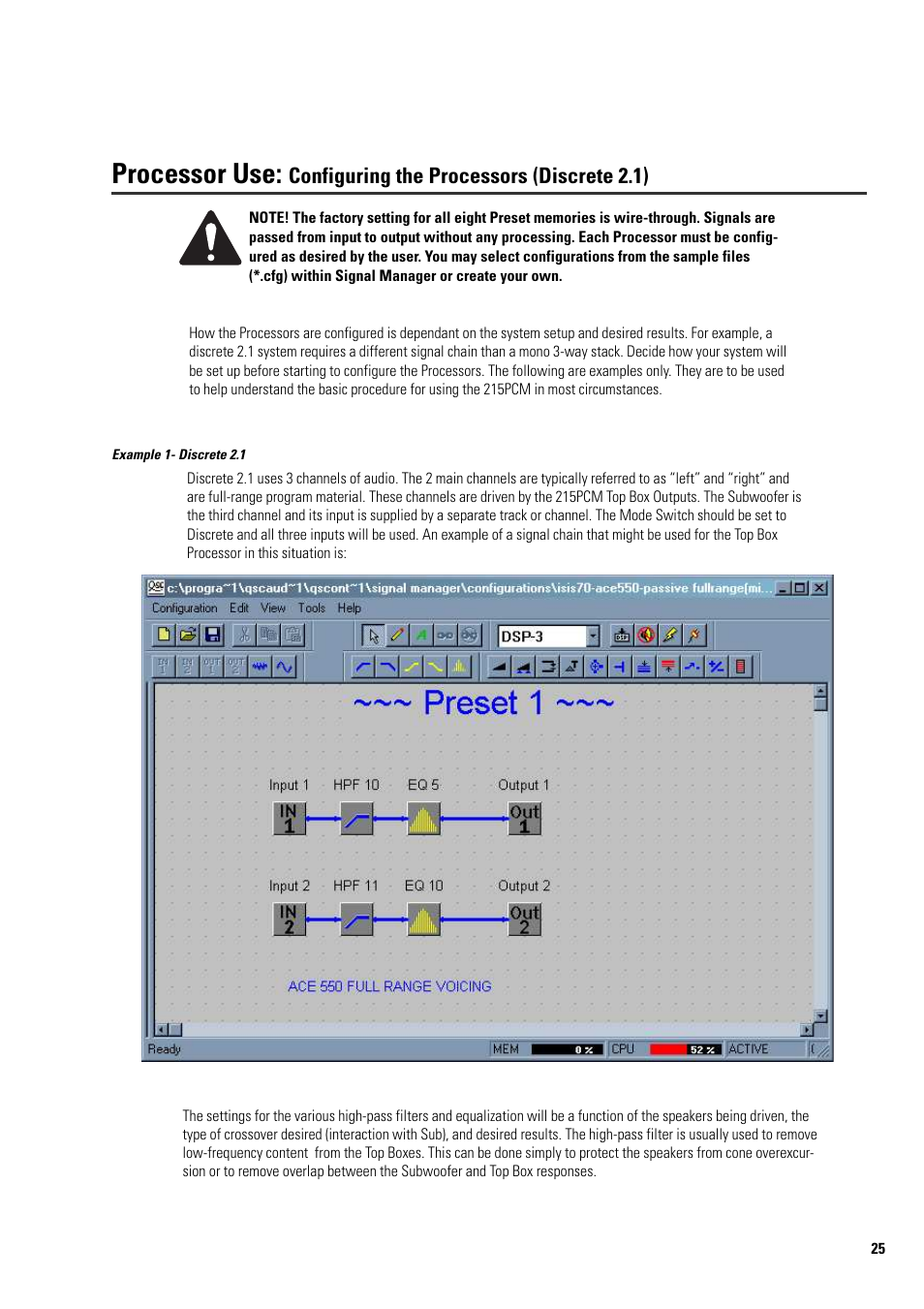 Processor use, Configuring the processors (discrete 2.1) | QSC Audio ISIS 215PCM User Manual | Page 25 / 41
