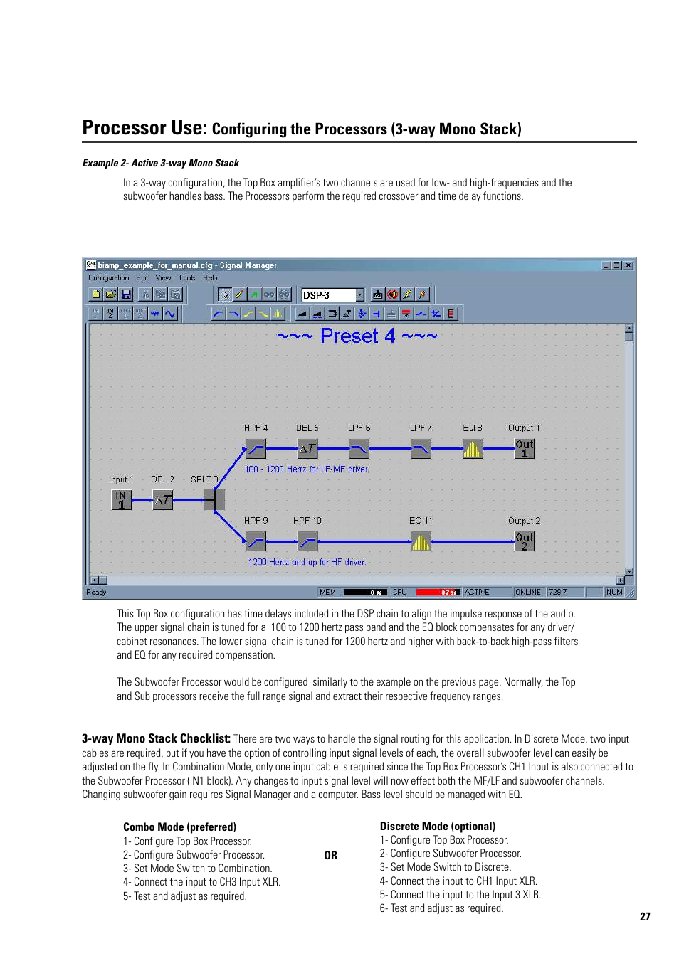 Processor use, Configuring the processors (3-way mono stack) | QSC Audio ISIS 215PCM User Manual | Page 27 / 41