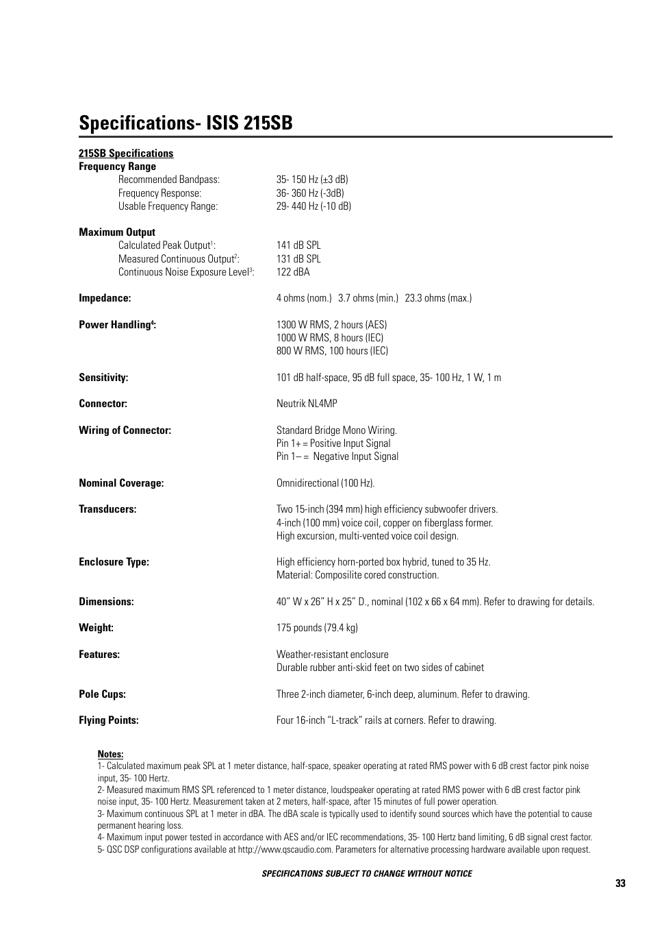 Specifications- isis 215sb | QSC Audio ISIS 215PCM User Manual | Page 33 / 41