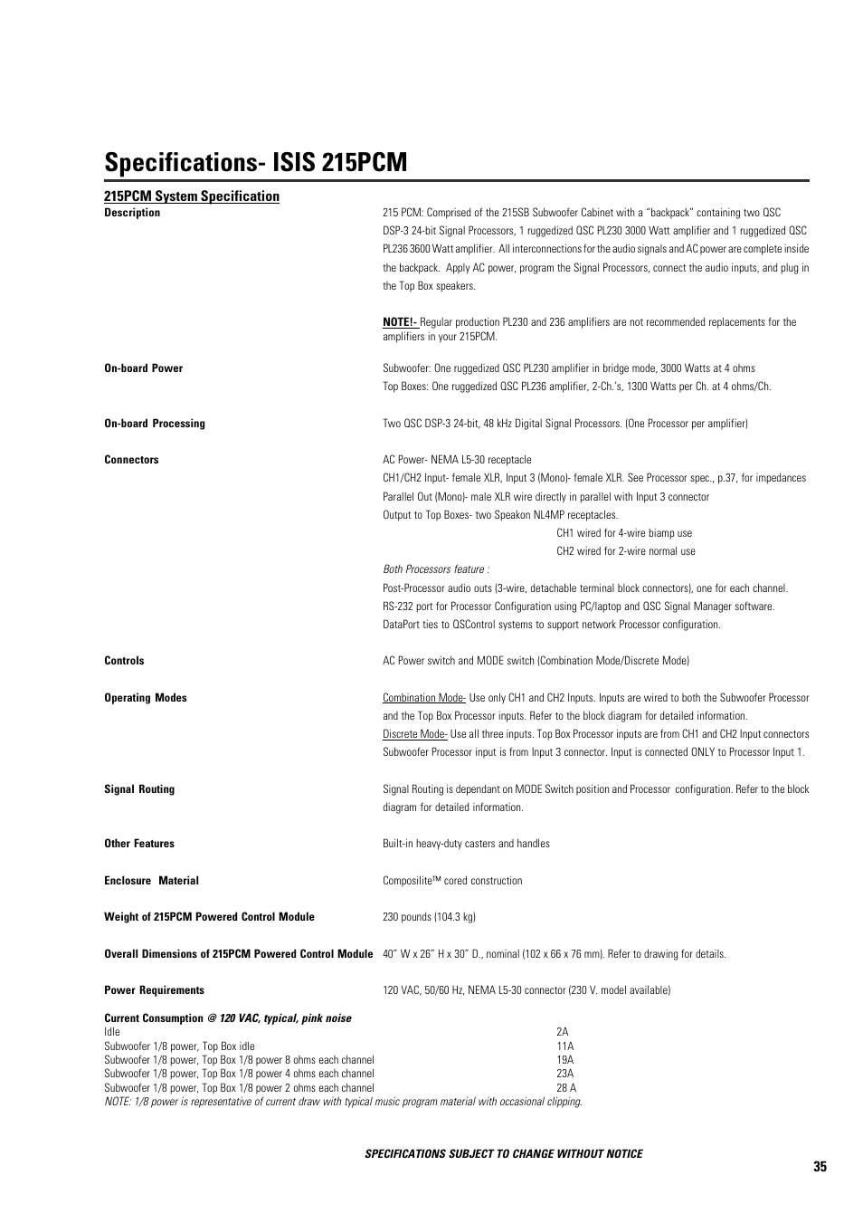 Specifications- isis 215pcm, 215pcm system specification | QSC Audio ISIS 215PCM User Manual | Page 35 / 41