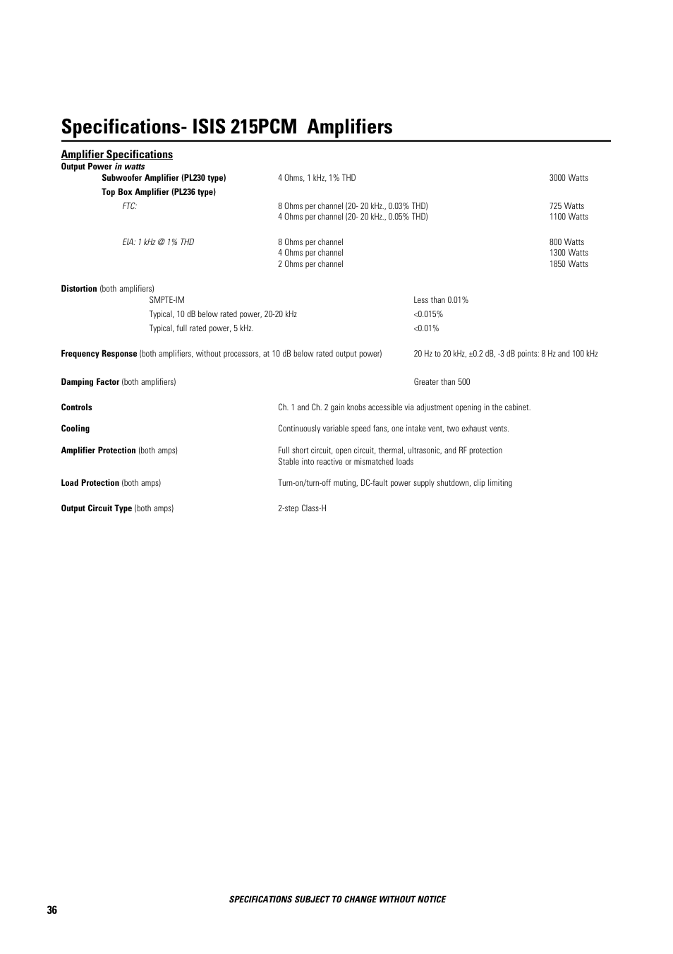 Specifications- isis 215pcm amplifiers | QSC Audio ISIS 215PCM User Manual | Page 36 / 41