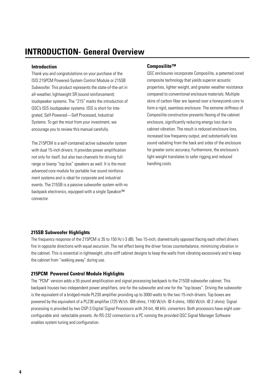 Introduction- general overview | QSC Audio ISIS 215PCM User Manual | Page 4 / 41