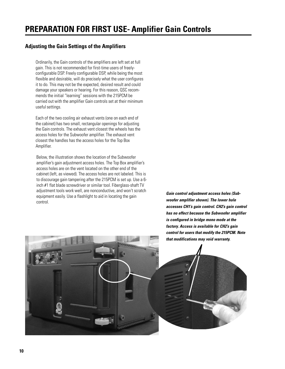 Preparation for first use, Amplifier gain controls | QSC Audio ISIS 215SB User Manual | Page 10 / 42