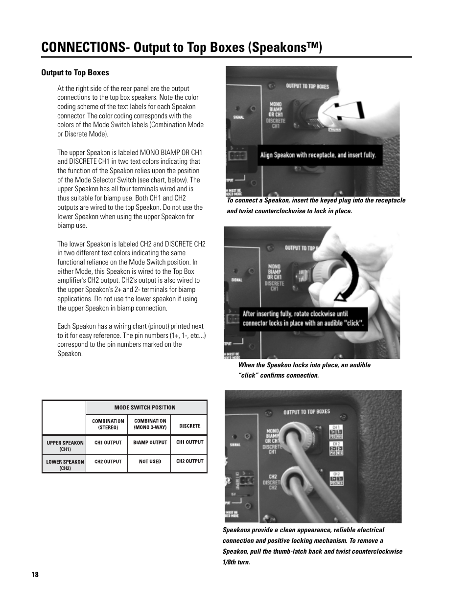 Connections- output to top boxes (speakons™) | QSC Audio ISIS 215SB User Manual | Page 18 / 42