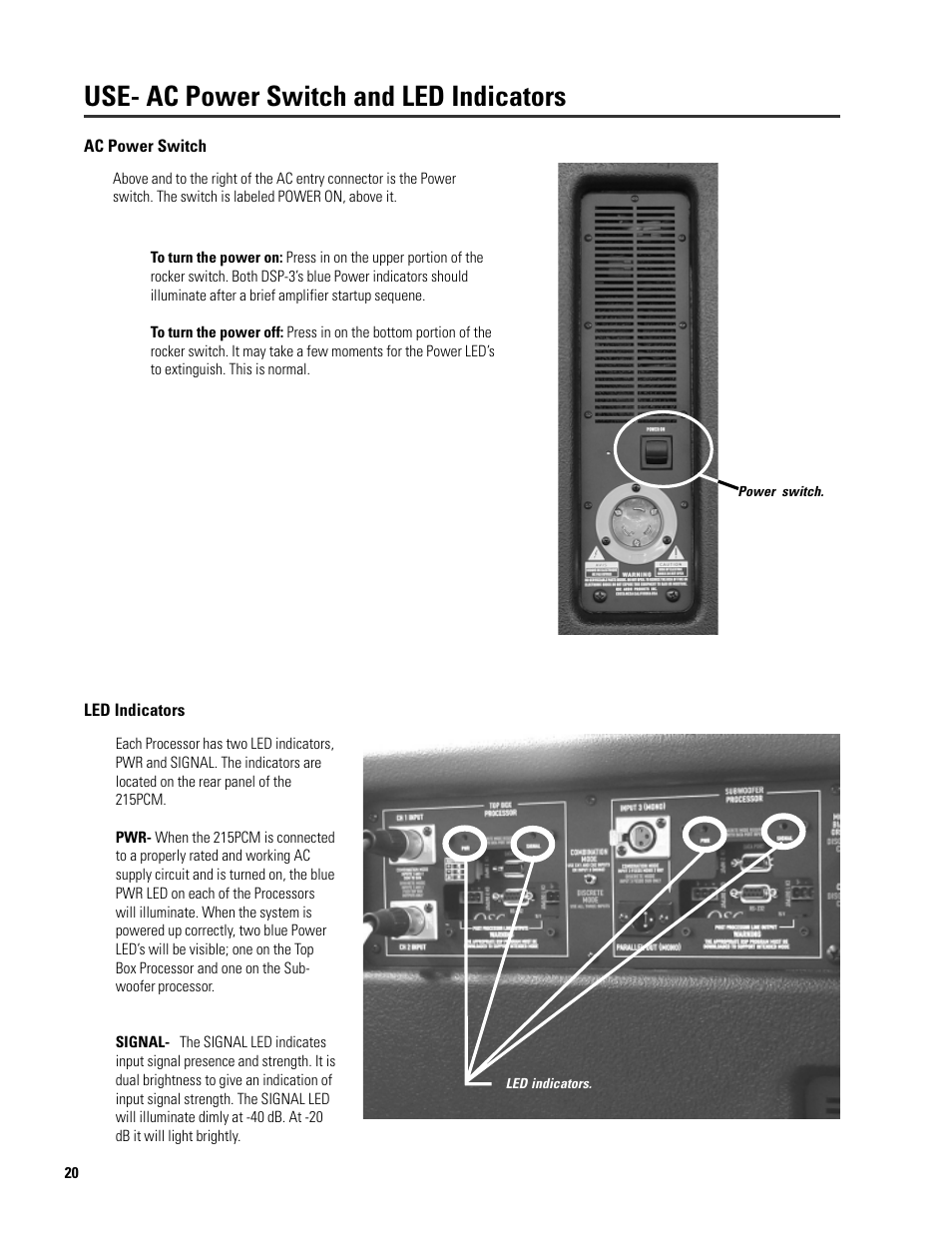Use- ac power switch and led indicators | QSC Audio ISIS 215SB User Manual | Page 20 / 42