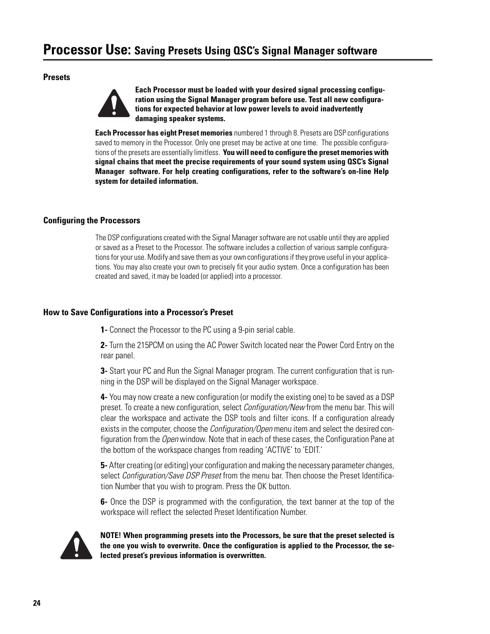 Processor use, Saving presets using qsc’s signal manager software | QSC Audio ISIS 215SB User Manual | Page 24 / 42