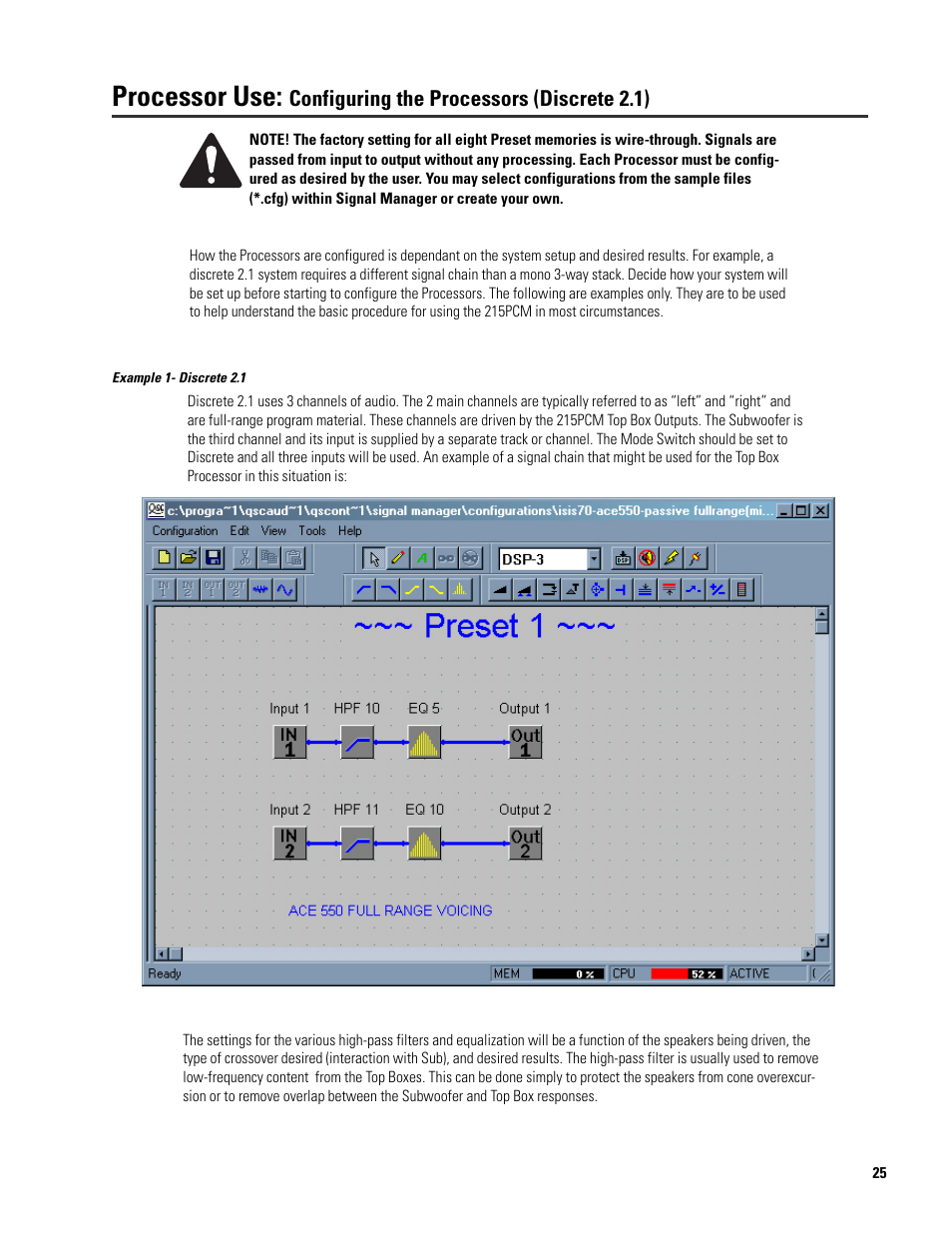 Processor use, Configuring the processors (discrete 2.1) | QSC Audio ISIS 215SB User Manual | Page 25 / 42