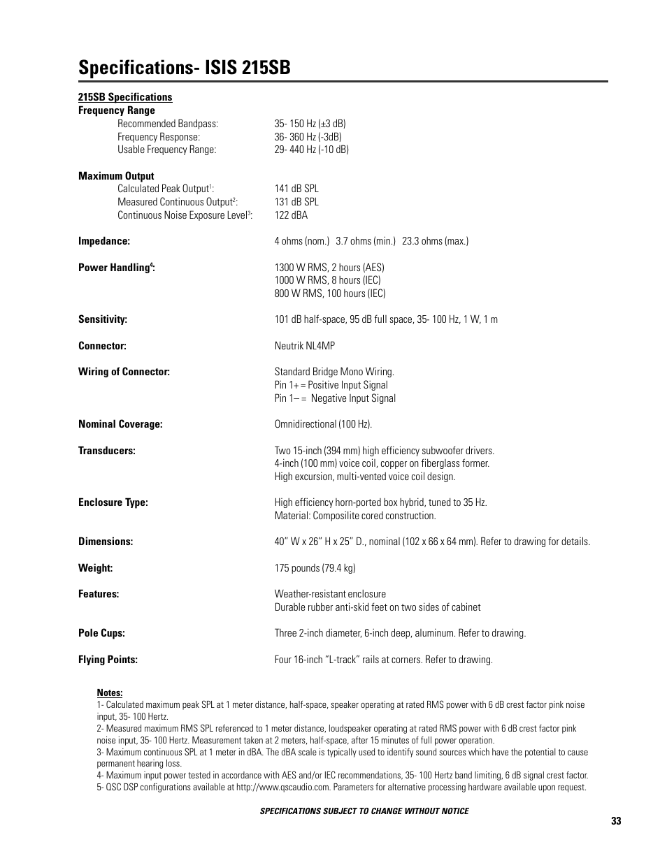 Specifications- isis 215sb | QSC Audio ISIS 215SB User Manual | Page 33 / 42
