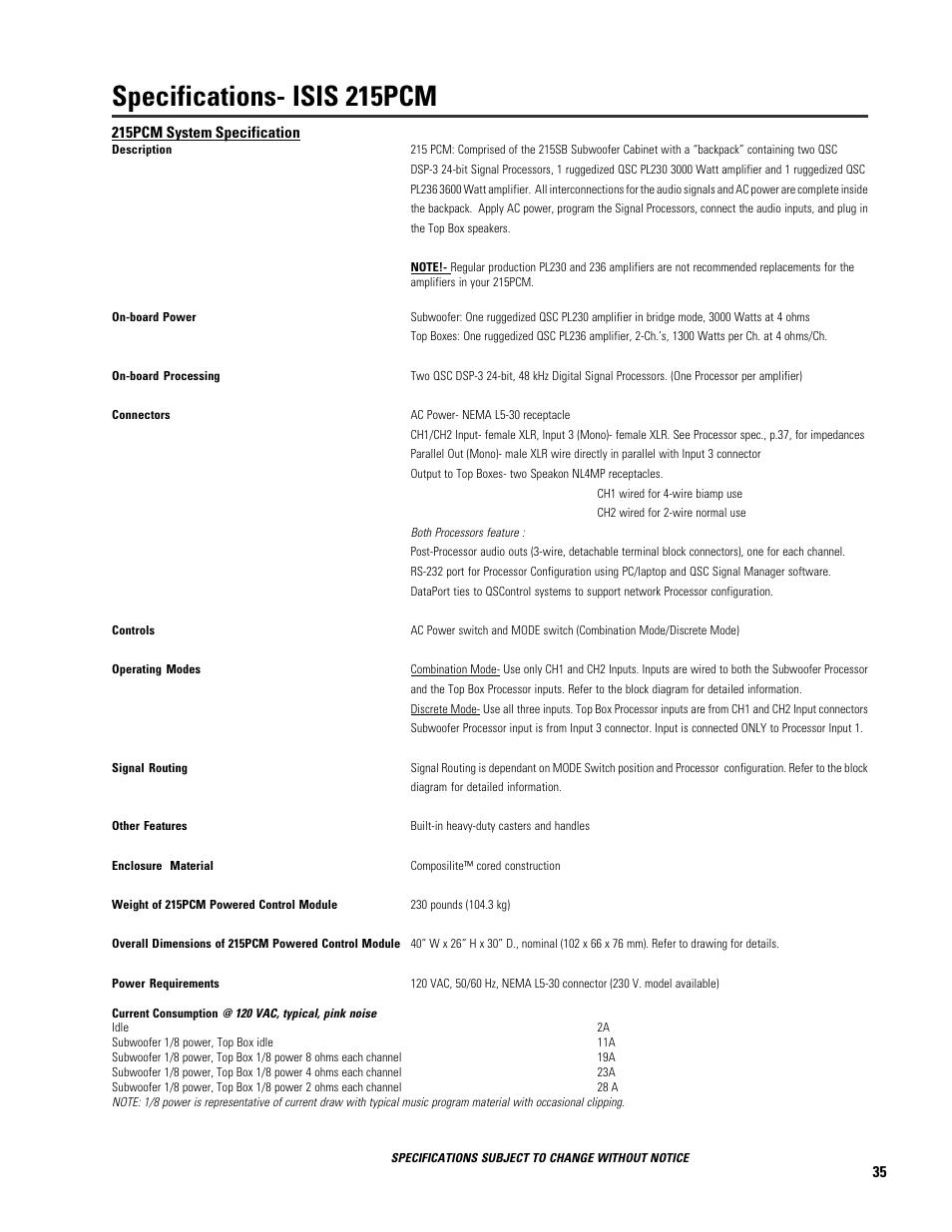 Specifications- isis 215pcm | QSC Audio ISIS 215SB User Manual | Page 35 / 42