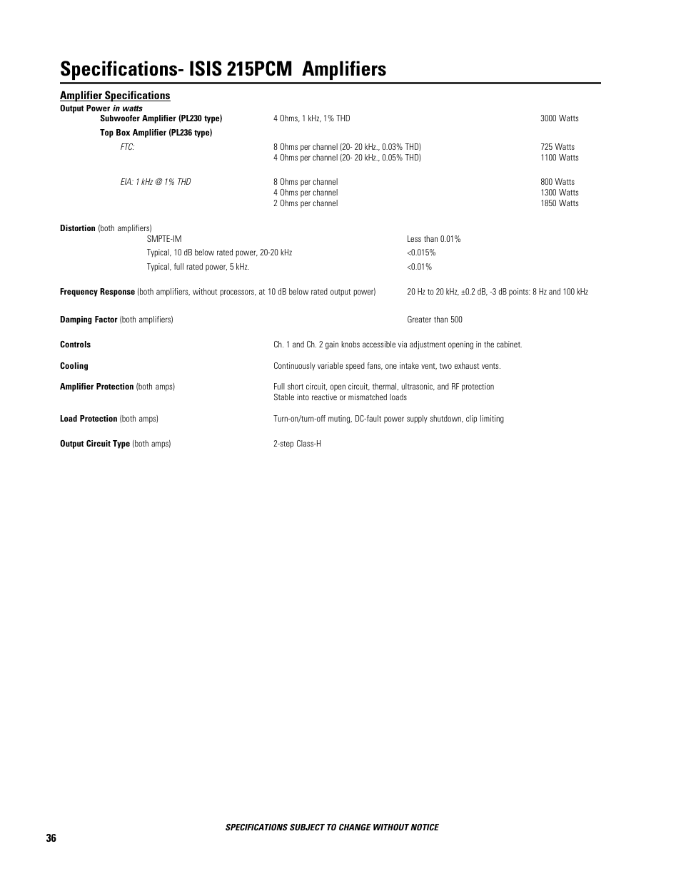 Specifications- isis 215pcm amplifiers | QSC Audio ISIS 215SB User Manual | Page 36 / 42