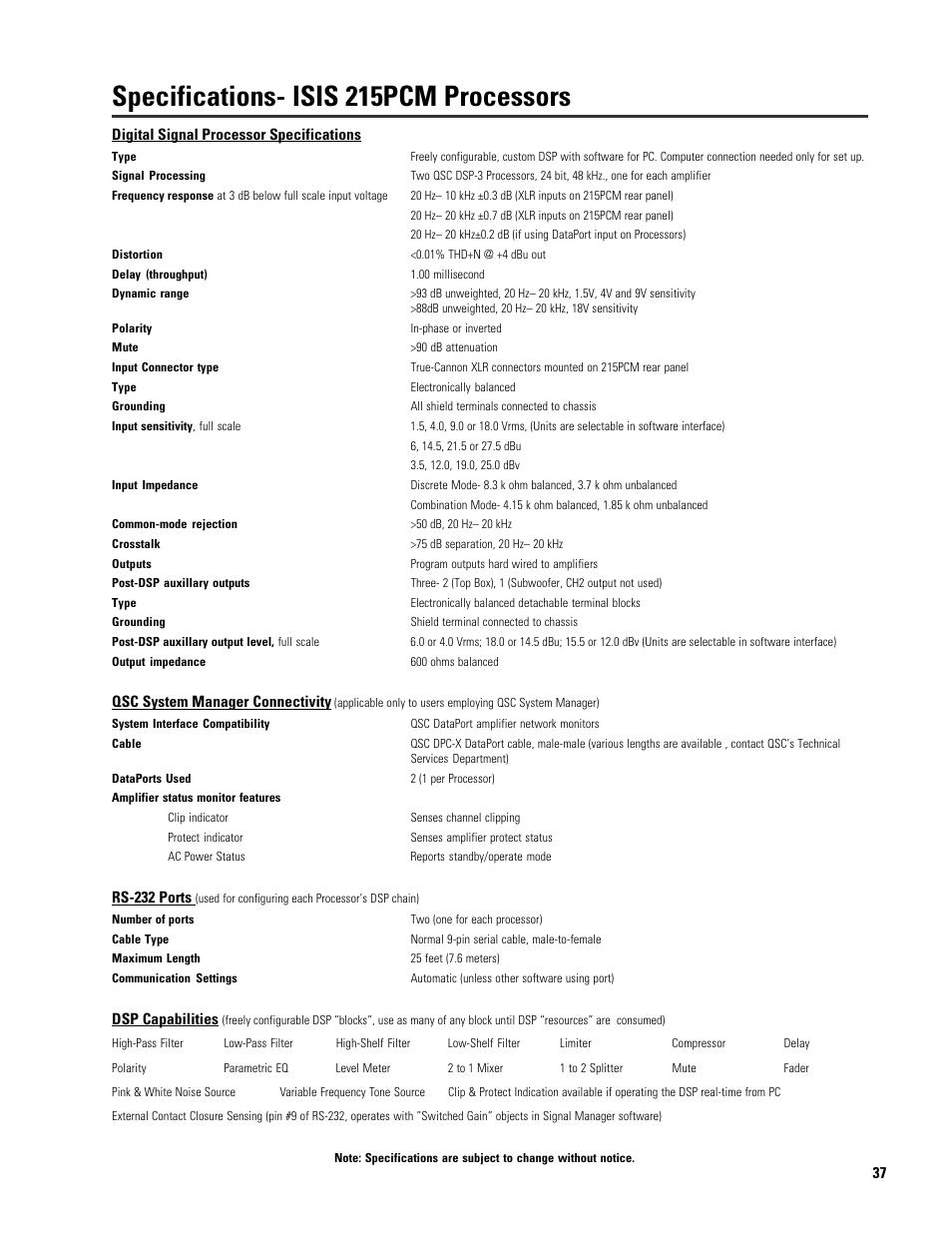 Specifications- isis 215pcm processors | QSC Audio ISIS 215SB User Manual | Page 37 / 42