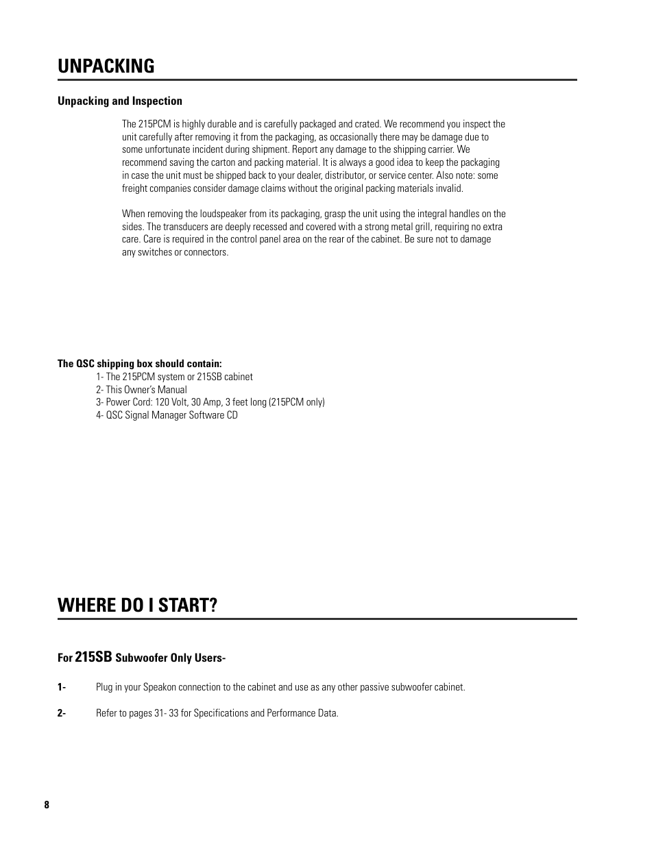 Where do i start? unpacking, 215sb | QSC Audio ISIS 215SB User Manual | Page 8 / 42