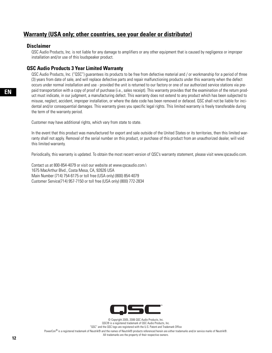 Disclaimer, Qsc audio products 3 year limited warranty | QSC Audio MD-FP122/64r  EU User Manual | Page 12 / 56