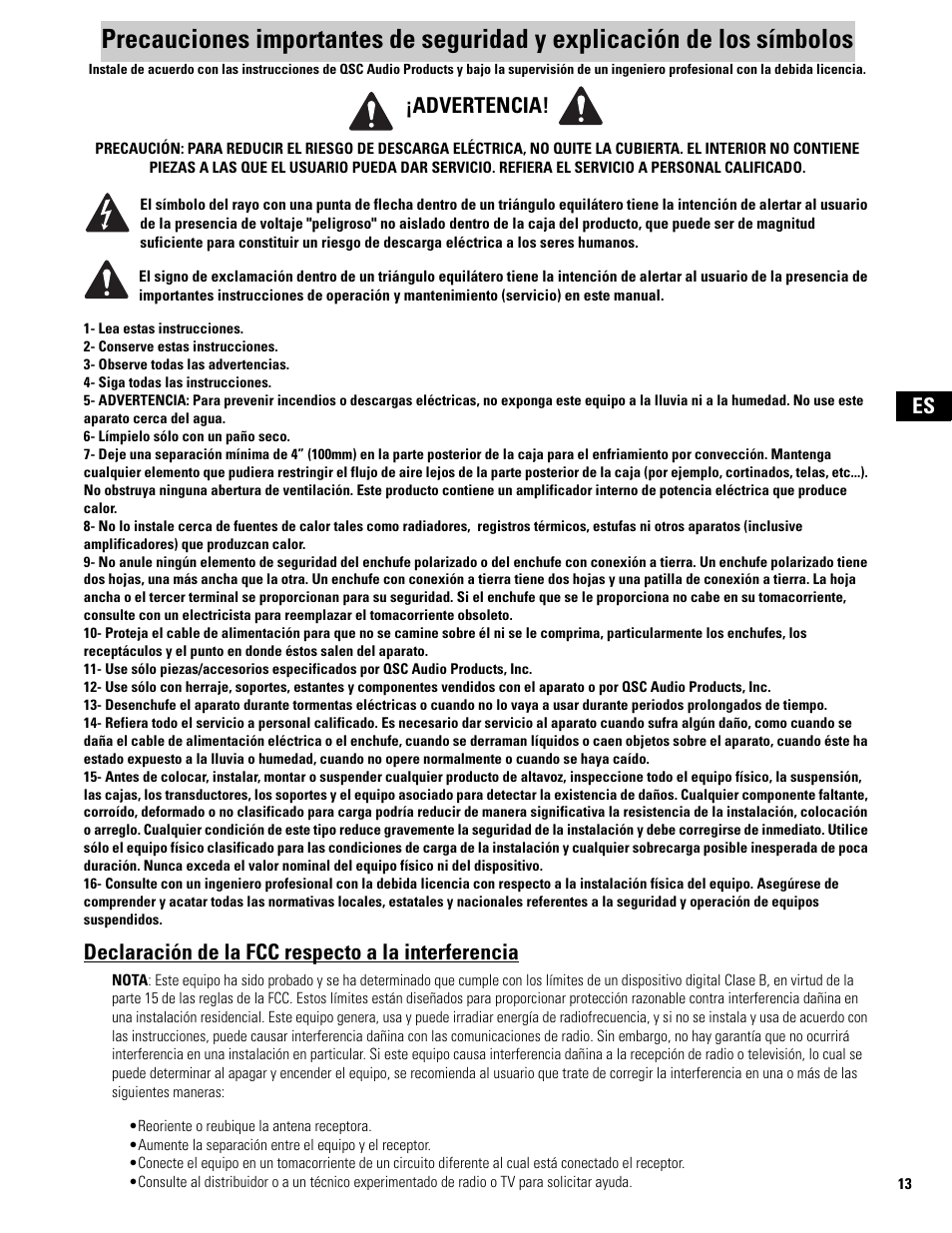 Spanish, Declaración de la fcc respecto a la interferencia, Advertencia | QSC Audio MD-FP122/64r  EU User Manual | Page 13 / 56