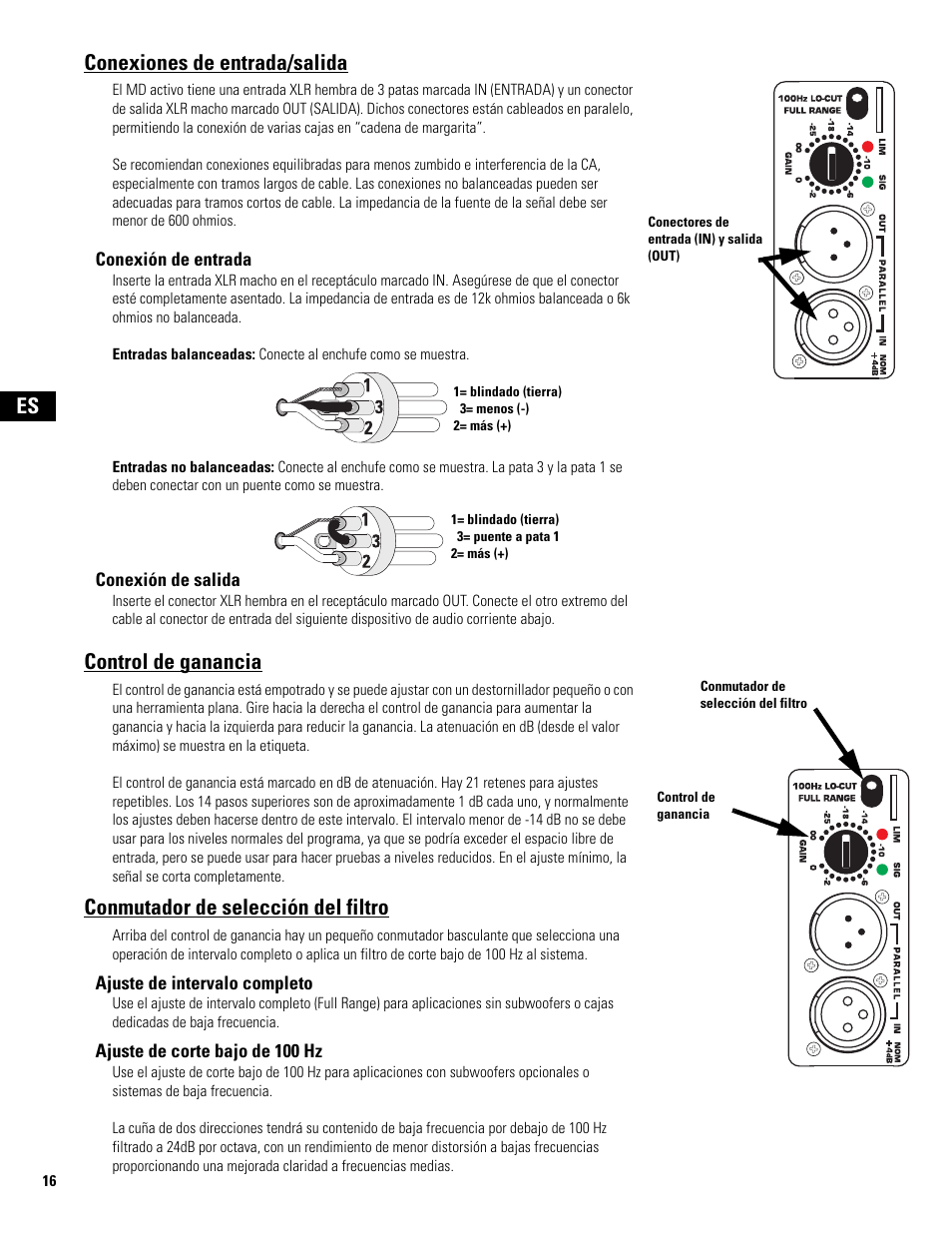 Conexiones de entrada/salida, Control de ganancia, Conmutador de selección del filtro | Es conexiones de entrada/salida | QSC Audio MD-FP122/64r  EU User Manual | Page 16 / 56