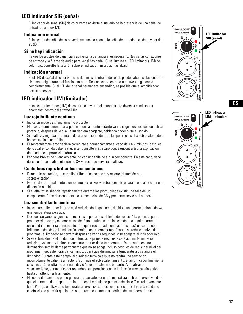 Led indicador sig (señal), Led indicador lim (limitador), Es led indicador sig (señal) | QSC Audio MD-FP122/64r  EU User Manual | Page 17 / 56
