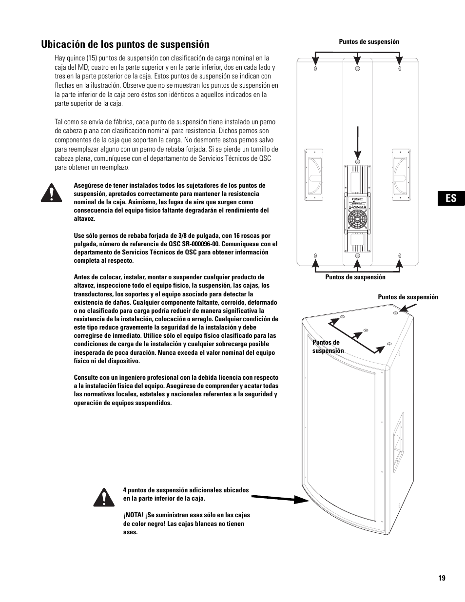 Ubicación de los puntos de suspensión, Es ubicación de los puntos de suspensión | QSC Audio MD-FP122/64r  EU User Manual | Page 19 / 56