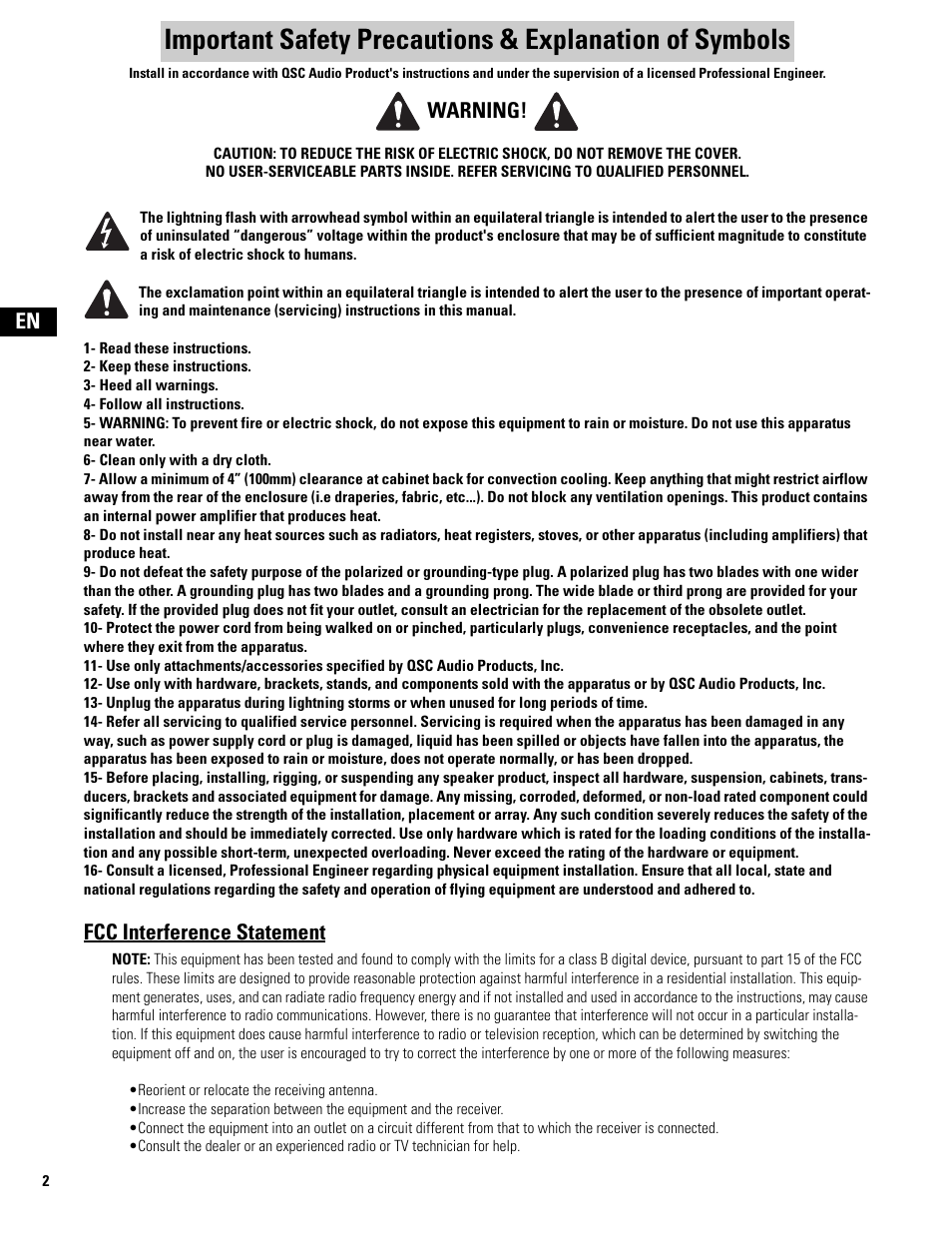 English, Fcc interference statement, Warning | QSC Audio MD-FP122/64r  EU User Manual | Page 2 / 56