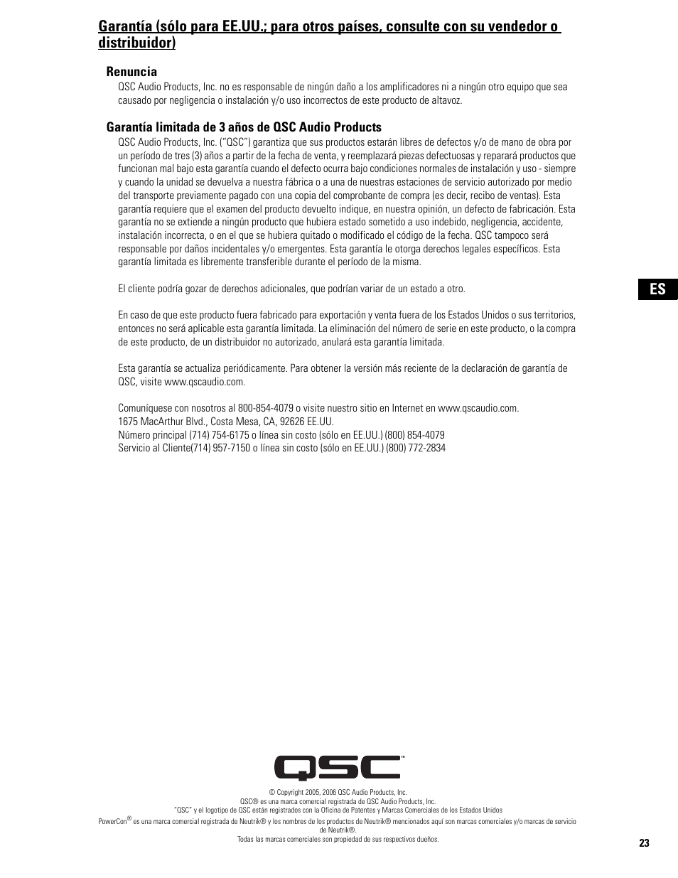 Renuncia, Garantía limitada de 3 años de qsc audio products | QSC Audio MD-FP122/64r  EU User Manual | Page 23 / 56