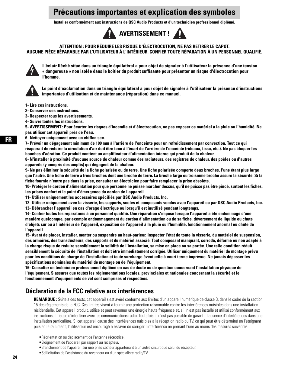 French, Déclaration de la fcc relative aux interférences, Avertissement | QSC Audio MD-FP122/64r  EU User Manual | Page 24 / 56