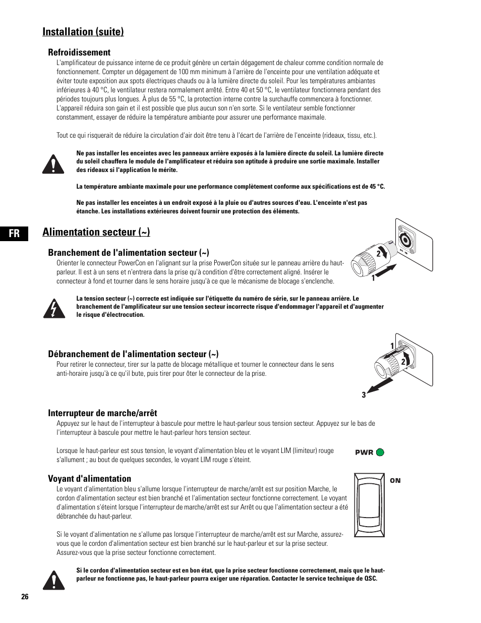 Alimentation secteur (~), Fr installation (suite) | QSC Audio MD-FP122/64r  EU User Manual | Page 26 / 56