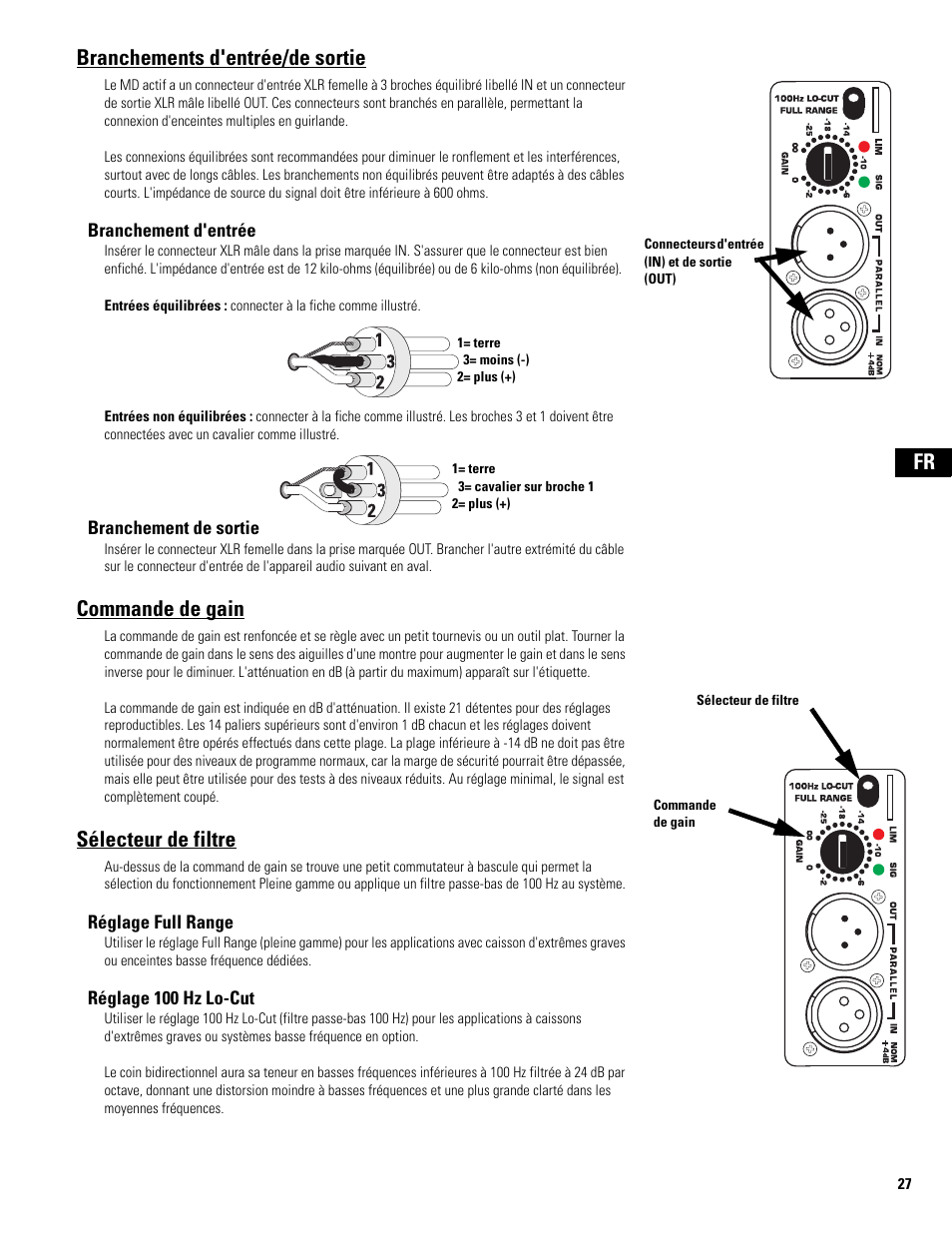 Branchements d'entrée/de sortie, Commande de gain, Sélecteur de filtre | Fr branchements d'entrée/de sortie | QSC Audio MD-FP122/64r  EU User Manual | Page 27 / 56