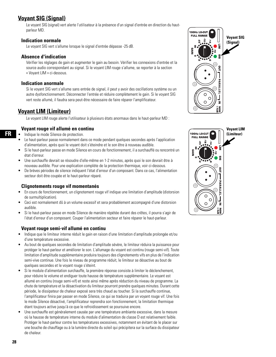 Voyant sig (signal), Voyant lim (limiteur), Fr voyant sig (signal) | QSC Audio MD-FP122/64r  EU User Manual | Page 28 / 56
