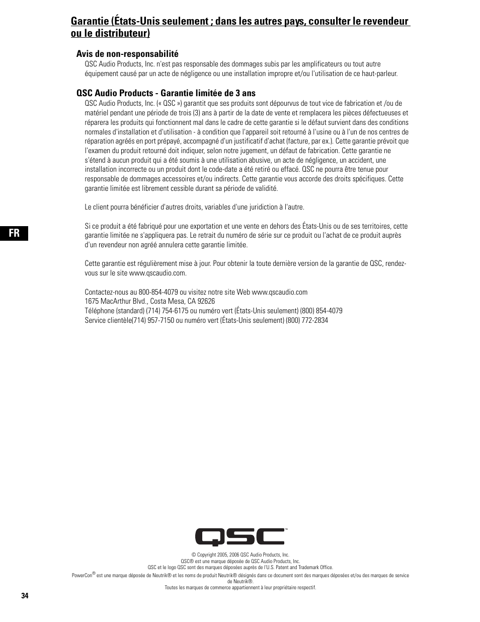 Avis de non-responsabilité, Qsc audio products - garantie limitée de 3 ans | QSC Audio MD-FP122/64r  EU User Manual | Page 34 / 56