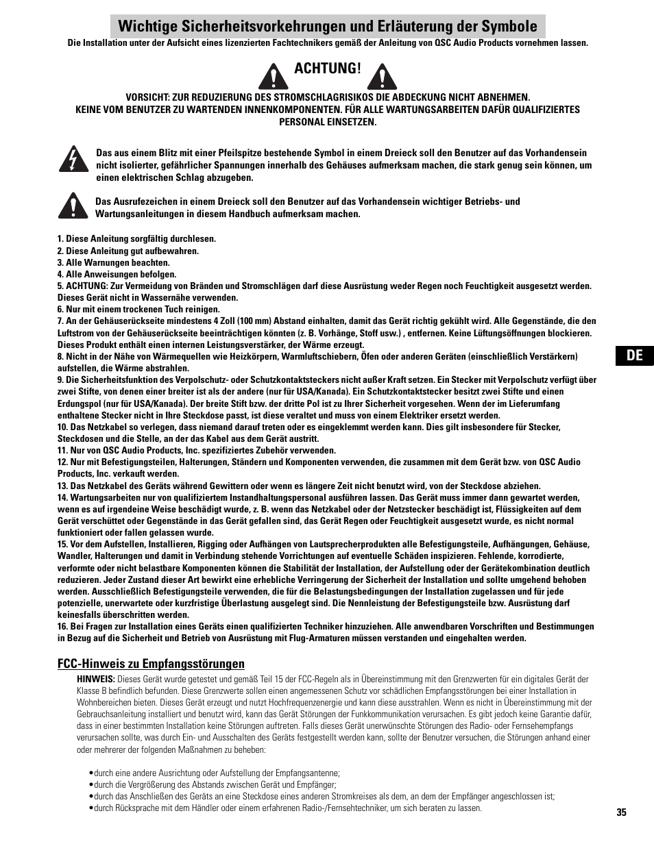 German, Fcc-hinweis zu empfangsstörungen, Achtung | QSC Audio MD-FP122/64r  EU User Manual | Page 35 / 56