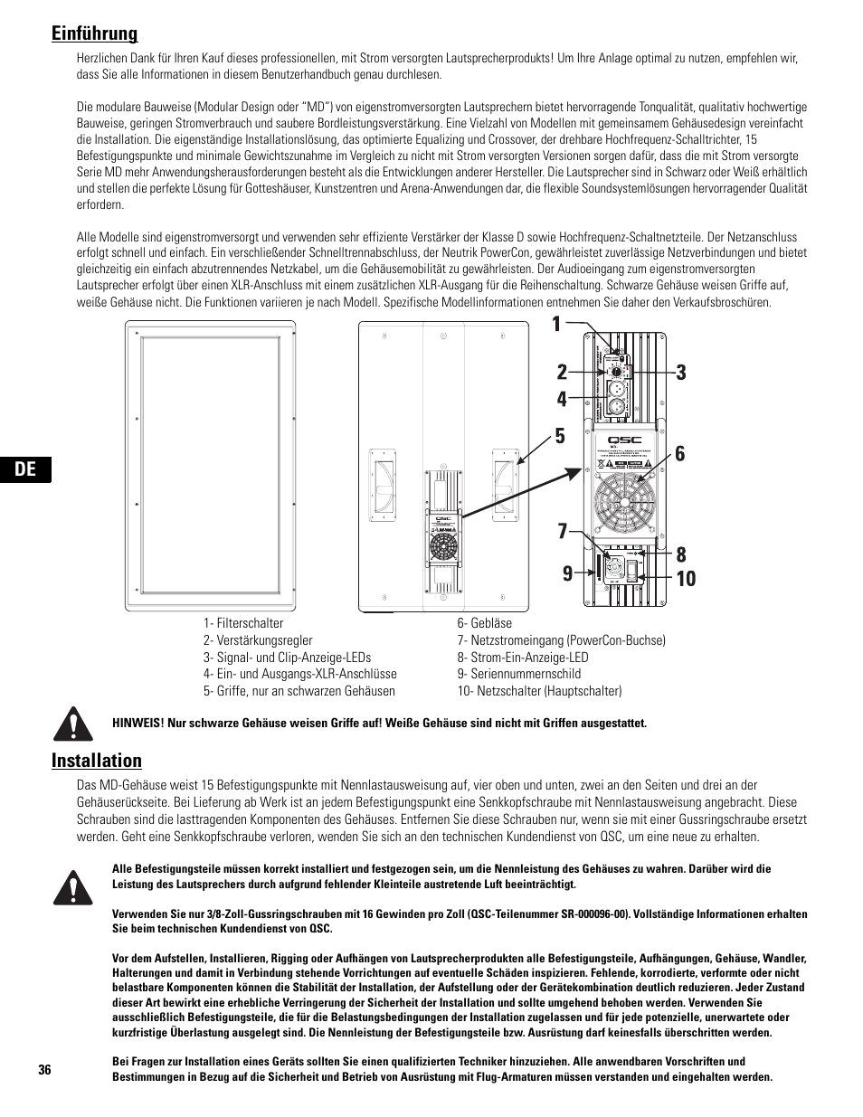 Einführung, Installation, De einführung | QSC Audio MD-FP122/64r  EU User Manual | Page 36 / 56