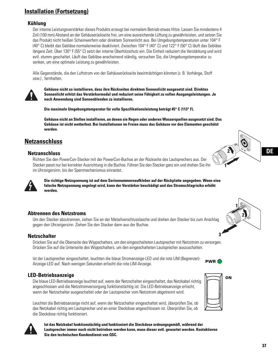 Netzanschluss, De installation (fortsetzung) | QSC Audio MD-FP122/64r  EU User Manual | Page 37 / 56